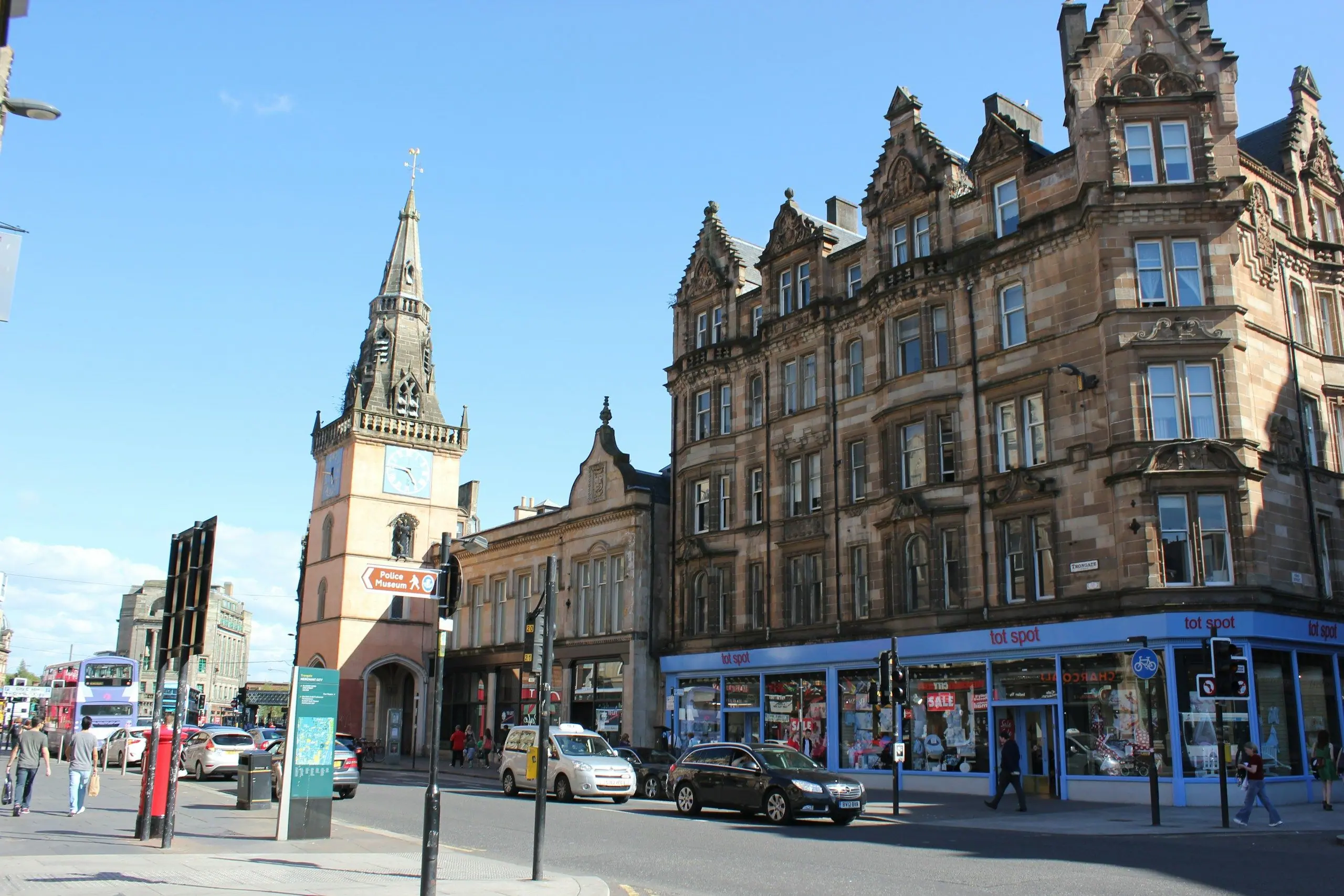 Sandstone tenements and the Tolbooth Steeple at Glasgow Cross
